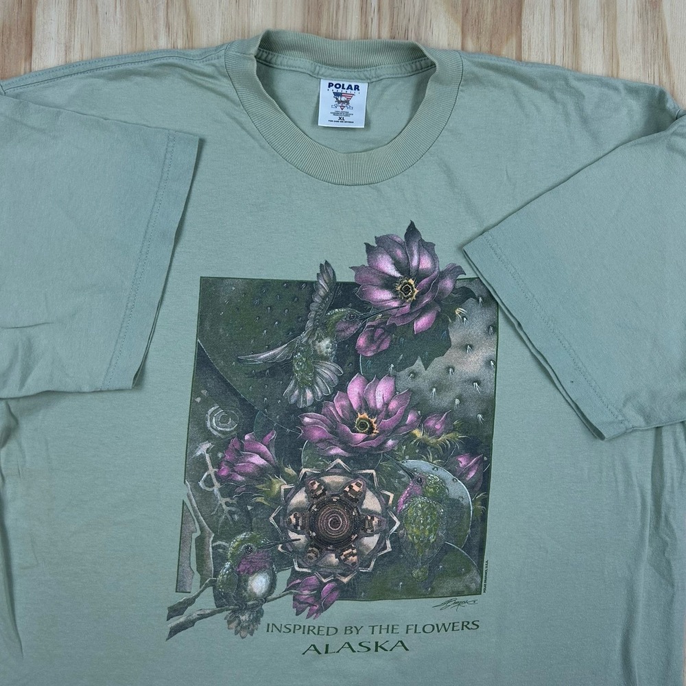 Vintage 90s T Shirt XL Alaska Nature Hummingbird Flower USA Made Cute